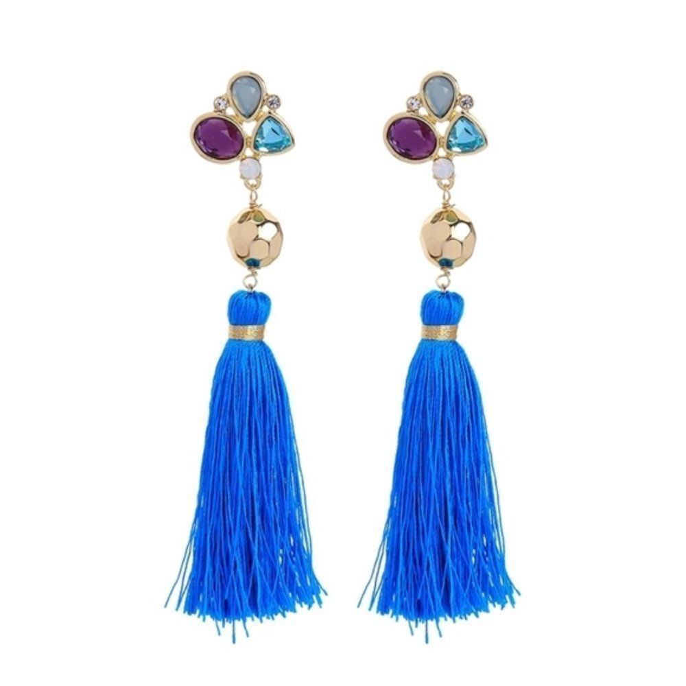 Blue Tassel Fringe Floral Crystal Rhinestone Gold Dangle Statement Earrings